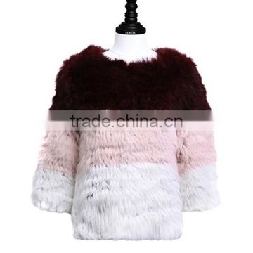 YR716 Real Rabbit Fur Block Color Blazer Genuine Rabbit Knit Fur Jacket