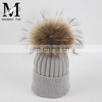 Hot Sale Natural Raccoon Fur Pompom On Top Hat Winter Kids Knitted Beanie