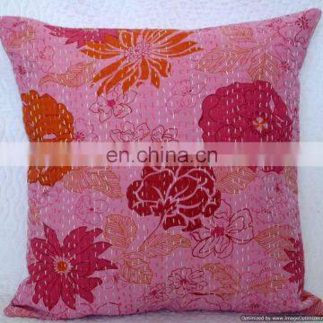 Pink Floral Indian Colorful Designer Cotton kantha sofa Cushion Covers/Handcrafted Ethnic kantha work Pillow Cushion Cover Art