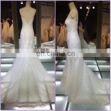 Close-fitting Mermaid Deeply Backless Fashionable Floor-length With Sweep Train V-Neck Wedding Dress 2016