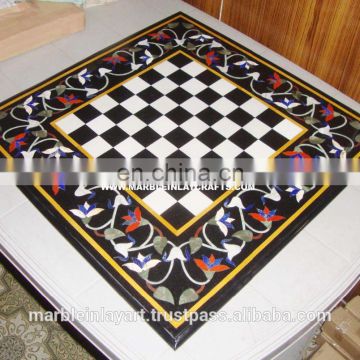 Inlay Black Marble Chess Design Coffee Table Top