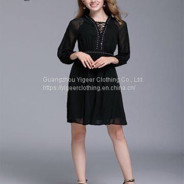 Long Sleeve Double Layers Bandaged Neck Casual Dress photo-4