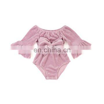 The Latest Pink Velvet Long sleeve baby romper with Big bowknot Wholesale baby girl jumpsuit