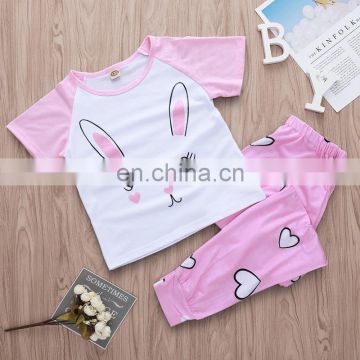 2019 Summer easter day pink girls bunny tops tshirt & love heart pp pants 2pc set 4-8years