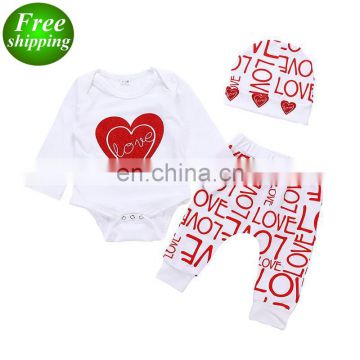 Valentine Day 2019 Baby Rompers Outfits & kids Love Letter full print pants & hat 3pc set