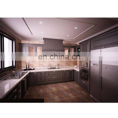 Luxury Marble Counter Top Solid Wood Black Kitchen Cabinet Furniture With Kitchen Island
