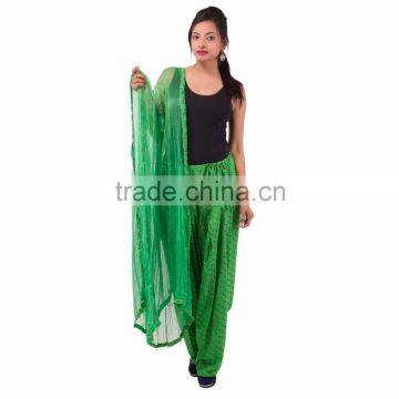 Indian Women Cotton Laheriya Printed Light Green Color Patiala Salwar (Pants) with Matching Dupatta (Stole) Set