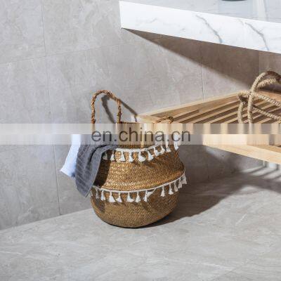 HBK Variety of Sizes Folding Seagrass Nature Rattan Laundry Belly Basket With Handle and Unilaminar Macrame