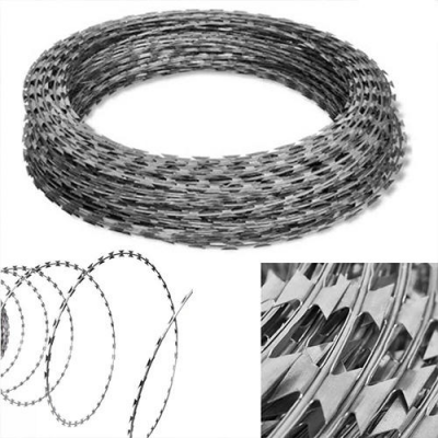 Silver 15-meter stainless steel barbed wire, razor wire roll, with 3 45cm iron supports