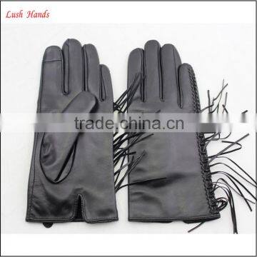 Genuine Black Thin Fringed Leather Gloves With Polyester Lining photo-4