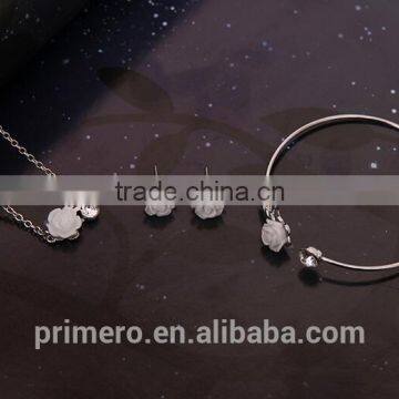 Silver Filled Pretty Rose Flower Necklace Breaclet Earring 3pcs/set Fashion Jewelry Sets For Woman