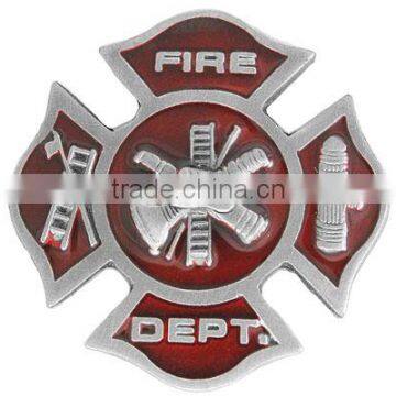 "Fire Dept." And Displays A Red Enamel-Filled Maltese Badge With Fire Fighting Tools Metal Fridge Magnet