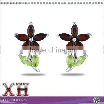 Beautiful Sterlilng Silver Garnet and Peridot Stud Flover Earrings for Girl