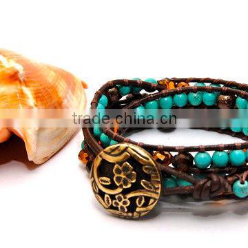 4 Wrap leather bracelet Turquoise Beads with Topaz Crystals and Brass Flower Button Closure