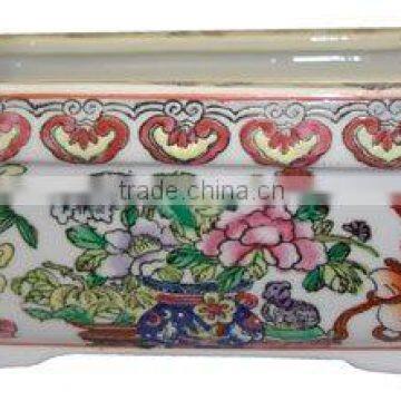 Chinese hand painted double walled porcelain bonsai planter pot - ming vase design with spring colors