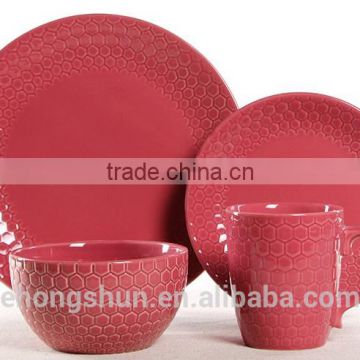 16pcs embossed stoneware dinner set 2-tone color glaze tableware