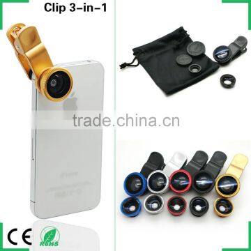 3 in 1 Phone Lens Clip-On 185 Degree Supreme Fisheye + 0.65X Wide Angle+ 10X Macro Lens For iPhone 6S 6 Plus Samsung HTC LG