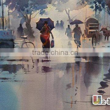 City street landscape watercolor painting for living room