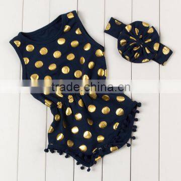 Pretty Pom Pom Trimmed Play Suit Romper Black Gold Polka Dot Baby Romper Gold Polka Dots Princess Bubble Romper for Birthday photo-6