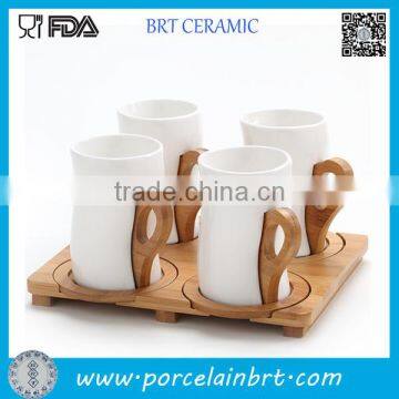 Ceramic Coffee Mug with Bamboo Handle Set of 4