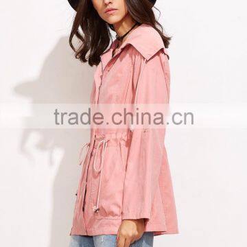 OEM Latest Pink Wide Collar Cotton Jacket Drawstring Utility Jacket Zipper Tie Waist Winter Coat Customized photo-4