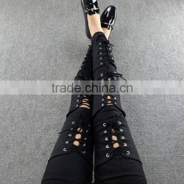 M1192 Runwaylover Hollow Cross Bandage Tight Pants Autumn Demin Pants photo-6