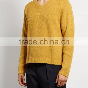 Mustard-yellow V Neck Pullover Winter Thick Sweater 12 GG Knitted photo-3