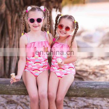 2019 summer new pink rainbow print kids cloud ruffle swimwear off-shoulder one piece baby girl swimsuit