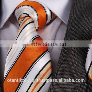 Orange White Striped Necktie set with pocket square, neck tie, corbata, gravate, krawatte, cravatta, fashion tie