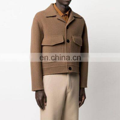 YIHAO wholesale OEM custom logo & size brown unisex side pocket jacket wool coat