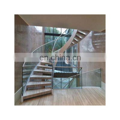Luxury Prefabricated  Curved Tempered Glass Balustrade&Handrail Stairs Steel Spiral Staircase With Railings Kit