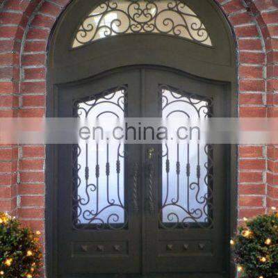 Used Entry Double Leaf Glass Main Front Gate Wrought Iron Door With Transom
