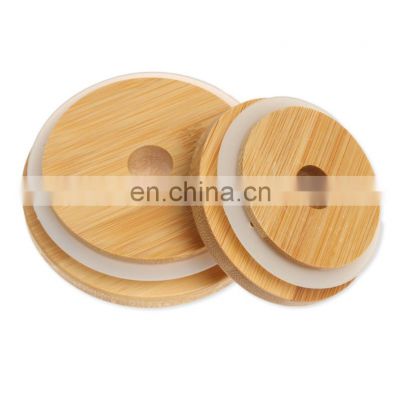 4 set airtight clear glass drink cup tumbler water bottle storage jar pop can with wooden bamboo lid with hole and straw