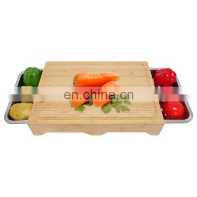 Extra Large Kitchen Bamboo Cutting Serving Board with 2pcs Stainless Steel Trays