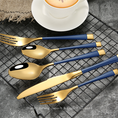 Luxury Stainless Steel Wedding Banquet Blue And Gold Plated Cutlery Silverware Flatware Spoon And Fork Set