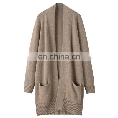 Women's 100% Cashmere Long Casual Knitwear Plus Size Cardigan Fashionable Solid Pattern Winter Sweater with Front Logo