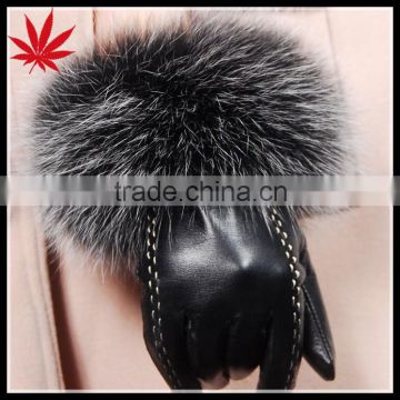 Female red fake leather gloves with customized fake fur winter gloves