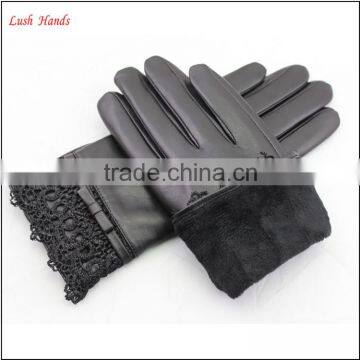 Ladies Sheepskin Leather Hand Gloves With Lace Black photo-4