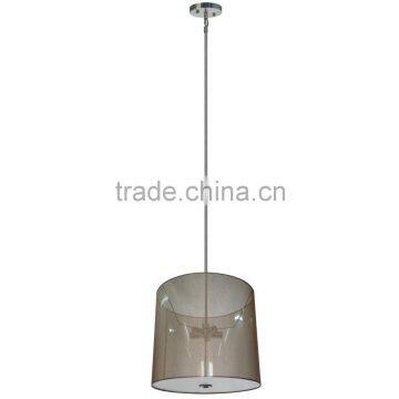 5 light chandelier(Lustre/La arana) in satin steel finish witha large round 22" x 20" tall silk look steel linen fabric shade