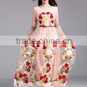 fashion half sleeve lace long net embroidery dress for women 2016