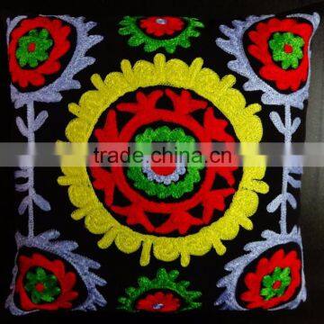 Suzani Embroidery Cushion Cover Black Color Cotton Pillow Indian Pillow Shams Boho Throw Pillow