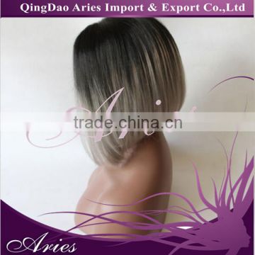 SHORT BOB STRAIGHT LACE FRONT WIG SYNTHETIC HAIR BLACK AND GRAY COLOR