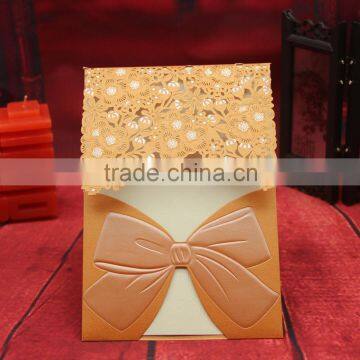 Free Custom printing gold stmaping bow shaped laser cutting party greeting invitations wedding card