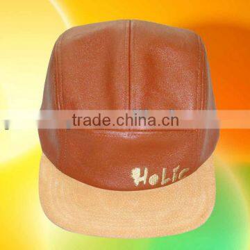 Custom leather 5 panel camp cap with adjustable leather strap