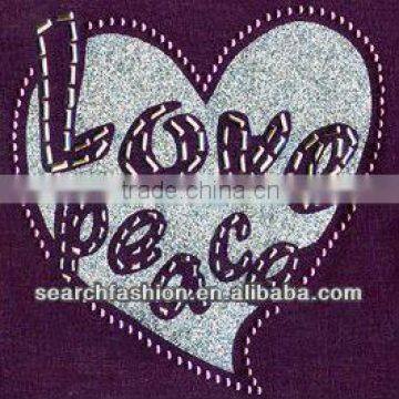 mixed rhinestone/nailheads and glitter transfer design Love and Peace hotfix motif