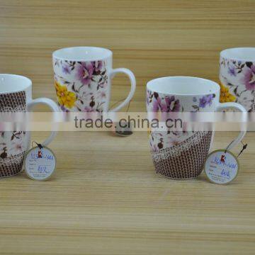 11OZ lace knitting with flowers full decal print coffee cups, shiny surface new bone china mug, KL5004-10286