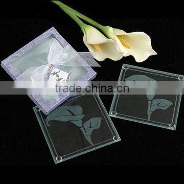 Clear handmade square glass table mat coaster,"Virgin Lily" for wholesale