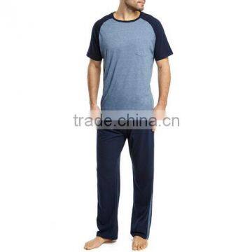 Short sleeve mens blue cotton jersey pyjamas with pocket