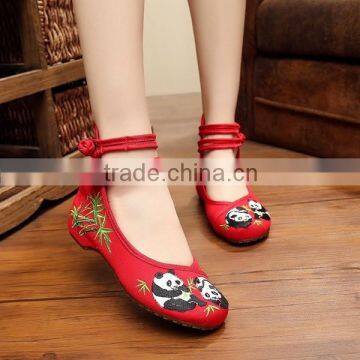 In Stock Women Casual Flat Shoes Ankle Strap Chinese Style Panda Embroidered Ladies Cotton Walking Shoes Oxford Sole No Logo
