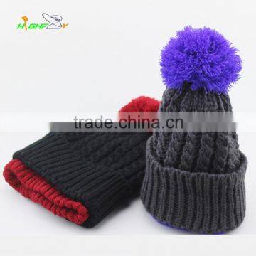 Custom Contrast Color 100 Acrylic Slouchy Knitted Beanie Hat Wholesale Blank Beanies With Top Ball